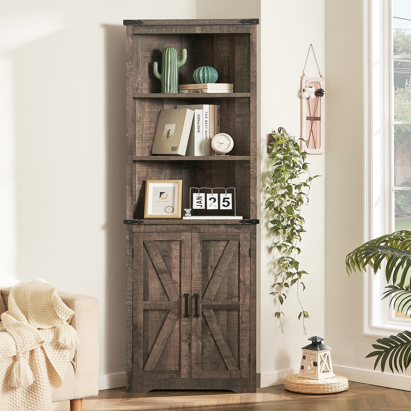 TEENONF Farmhouse Corner Cabinet, 70" H Tall Corner Hutch with 5 Shelves & 2 Barn Doors, Bathroom Cabinet with Adjustable Shelf, for Living Room, Kitchen, Bathroom, White