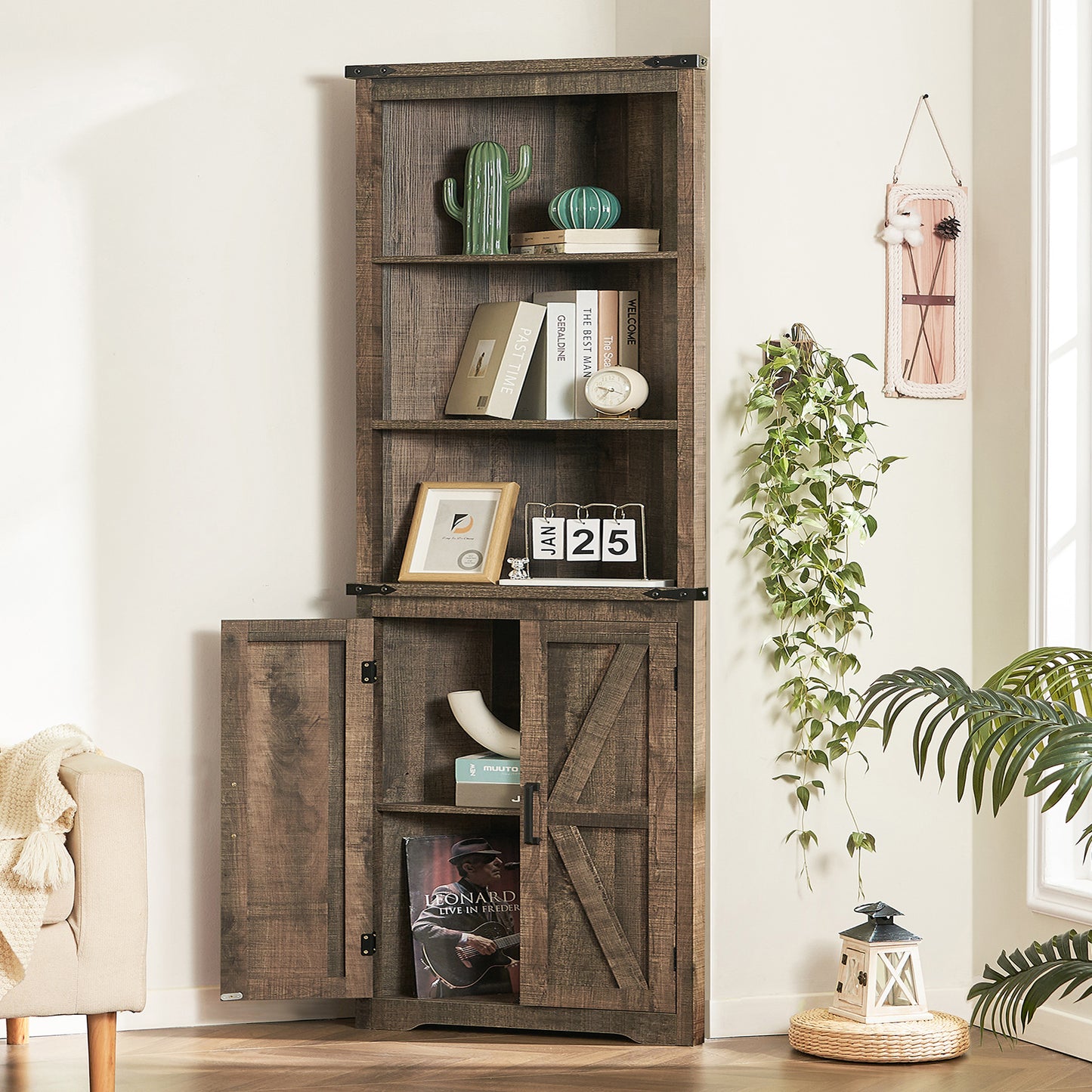 TEENONF Farmhouse Corner Cabinet, 70" H Tall Corner Hutch with 5 Shelves & 2 Barn Doors, Bathroom Cabinet with Adjustable Shelf, for Living Room, Kitchen, Bathroom, White