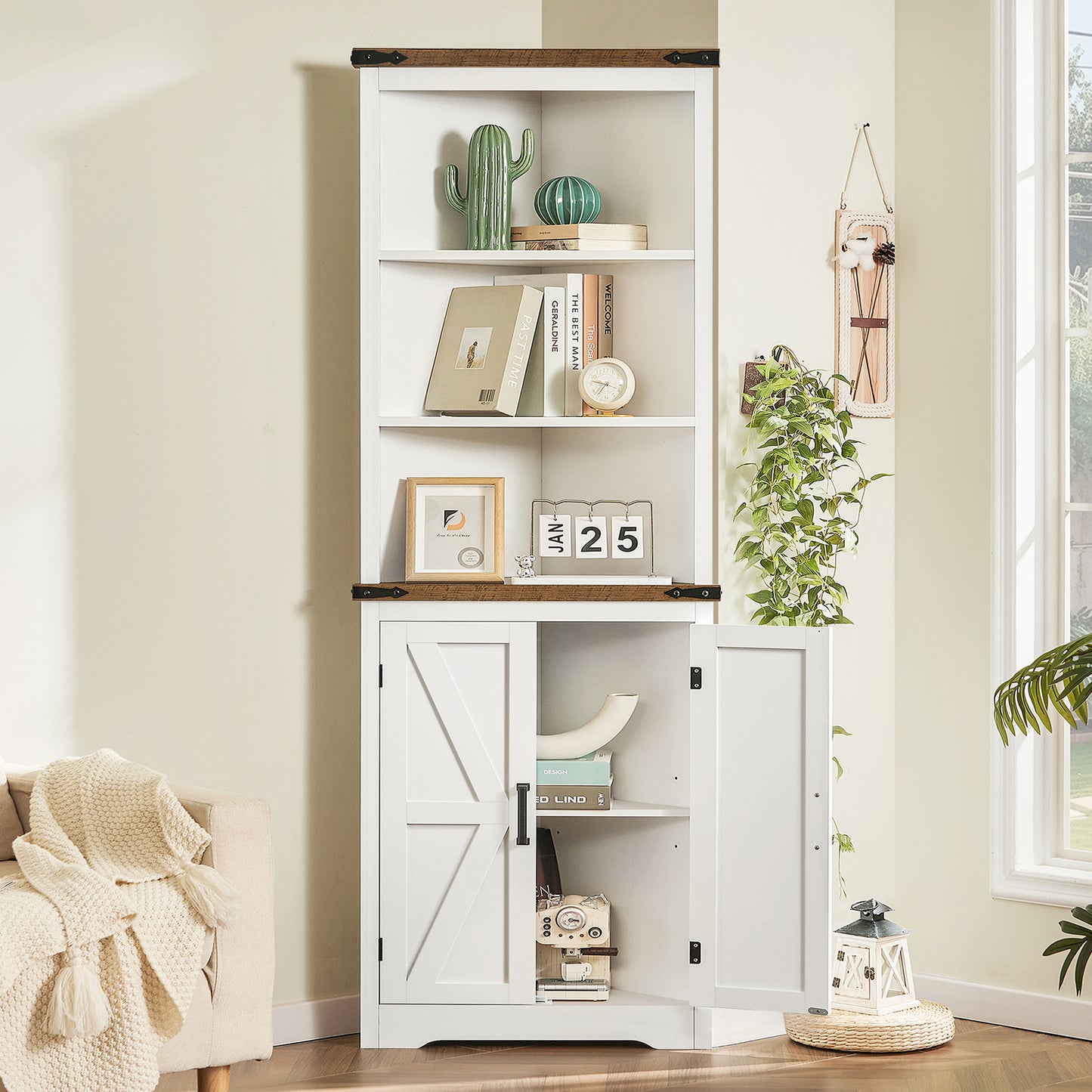 TEENONF Farmhouse Corner Cabinet, 70" H Tall Corner Hutch with 5 Shelves & 2 Barn Doors, Bathroom Cabinet with Adjustable Shelf, for Living Room, Kitchen, Bathroom, White