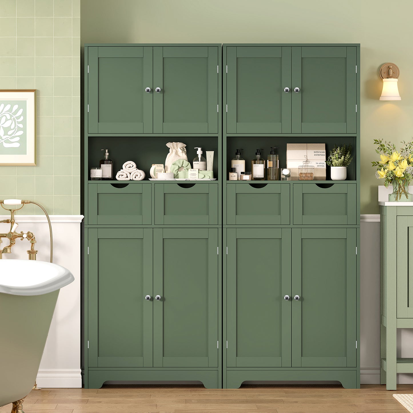 TEENFON 57.8" H Tall Storage Cabinet with 2 Drawers & 2 Adjustable Shelves, Bathroom Storage Cabinet with 4 Doors, Floor Cupboard, for Living Room, Dining Room, Entryway, Woodgrain Gray