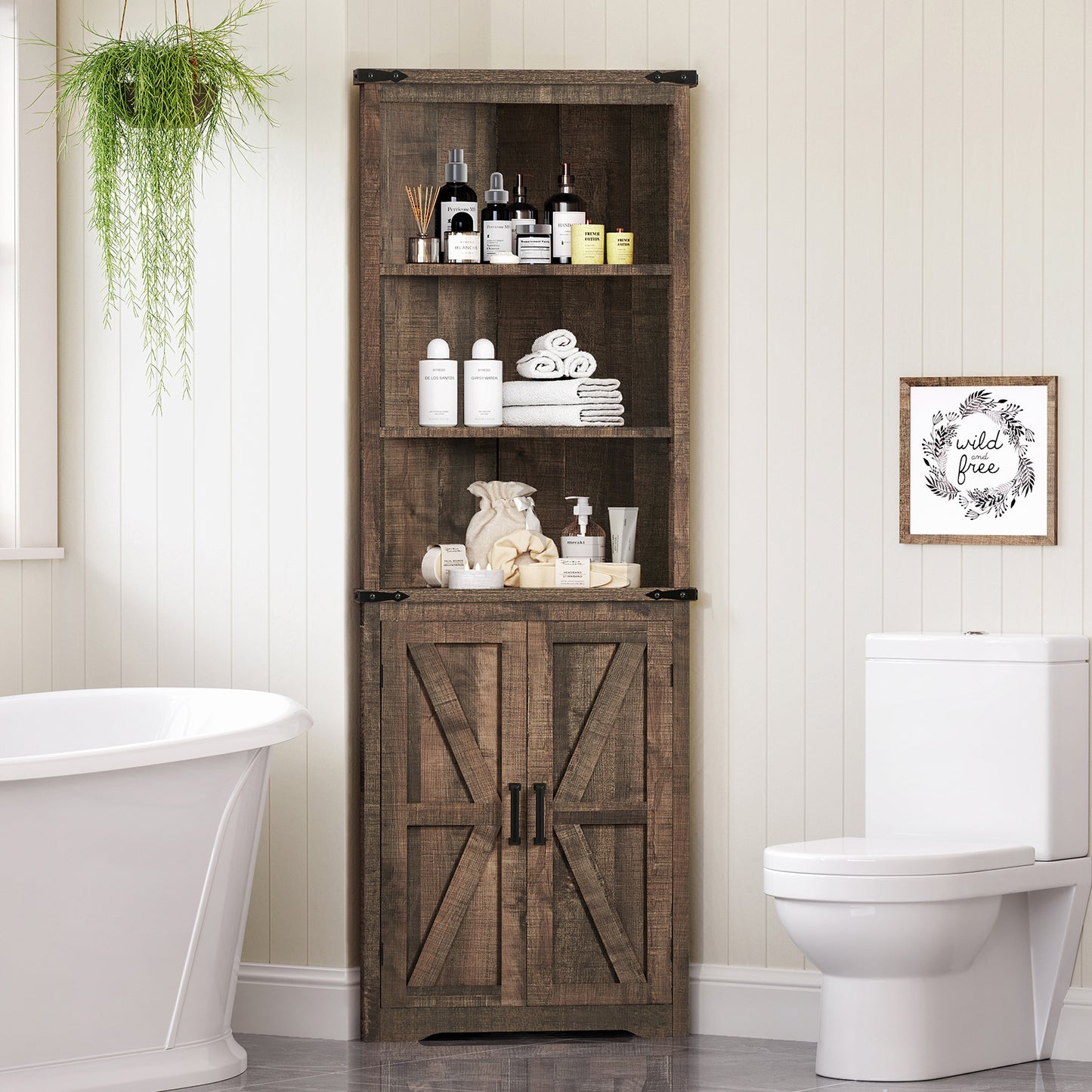 TEENONF Farmhouse Corner Cabinet, 70" H Tall Corner Hutch with 5 Shelves & 2 Barn Doors, Bathroom Cabinet with Adjustable Shelf, for Living Room, Kitchen, Bathroom, White