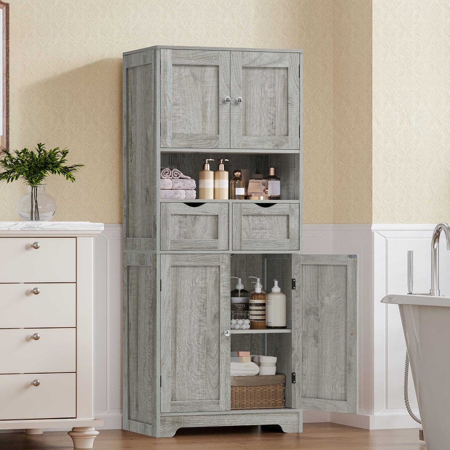 57.8" H Tall Storage Cabinet with 2 Drawers & 2 Adjustable Shelves, Floor Cabinet with 4 Doors, Tall Cabinet for Living Room, Dining Room, Entryway, Black