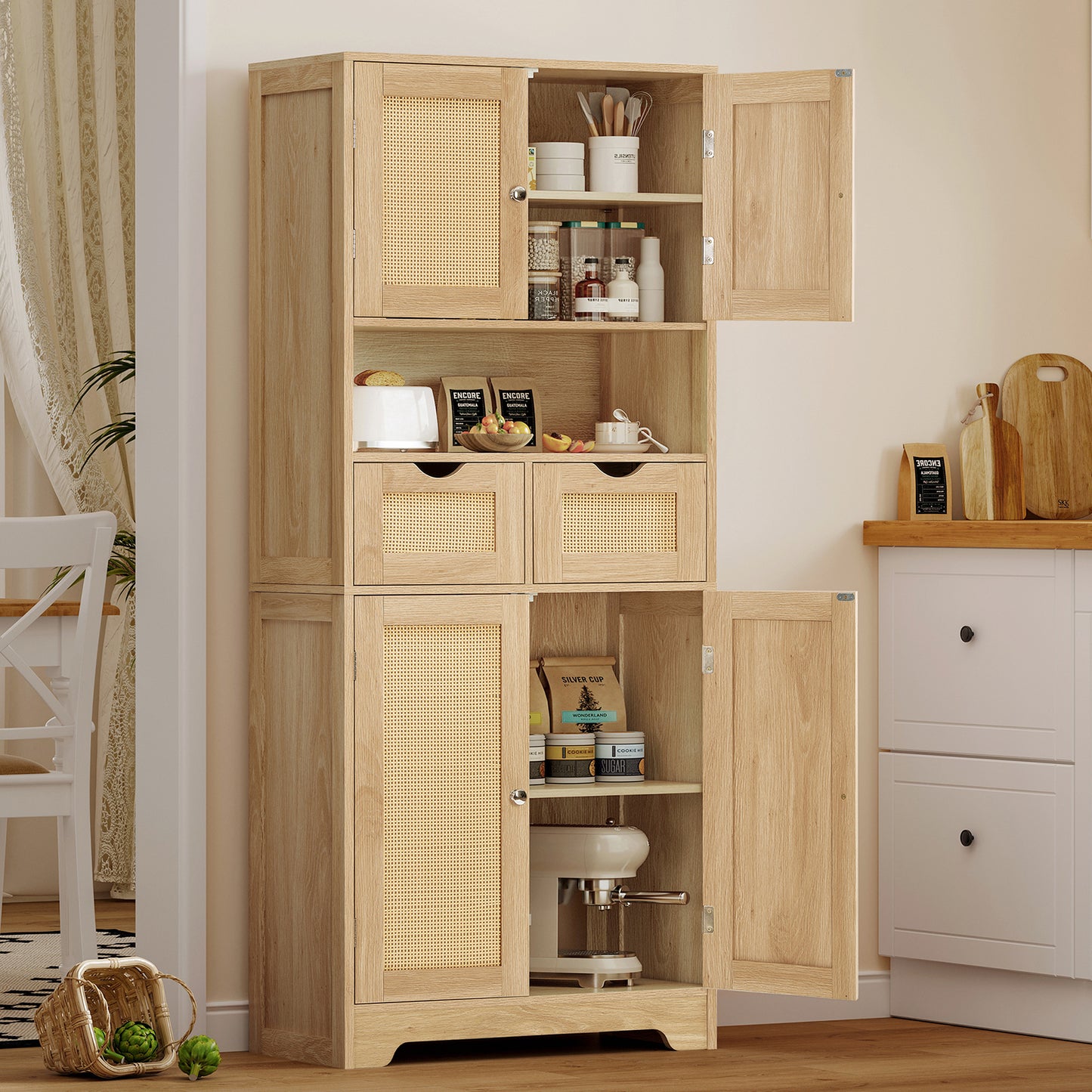 57.8" H Tall Storage Cabinet with 2 Drawers & 2 Adjustable Shelves, Floor Cabinet with 4 Doors, Tall Cabinet for Living Room, Dining Room, Entryway, Black