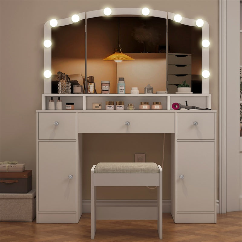 Vanity Desk with Triple Folding Mirror, Makeup Vanity with Power Outlet, Vanity Desk with 10 Lights, 3 Drawers & 2 Cabinets, Makeup Vanity Table with Soft Cushioned Stool for Women, Bedroom, Grey