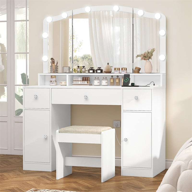 Vanity Desk with Triple Folding Mirror, Makeup Vanity with Power Outlet, Vanity Desk with 10 Lights, 3 Drawers & 2 Cabinets, Makeup Vanity Table with Soft Cushioned Stool for Women, Bedroom, Grey