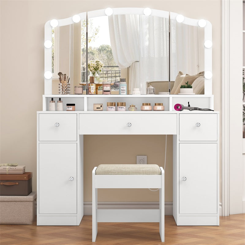 Vanity Desk with Triple Folding Mirror, Makeup Vanity with Power Outlet, Vanity Desk with 10 Lights, 3 Drawers & 2 Cabinets, Makeup Vanity Table with Soft Cushioned Stool for Women, Bedroom, Grey
