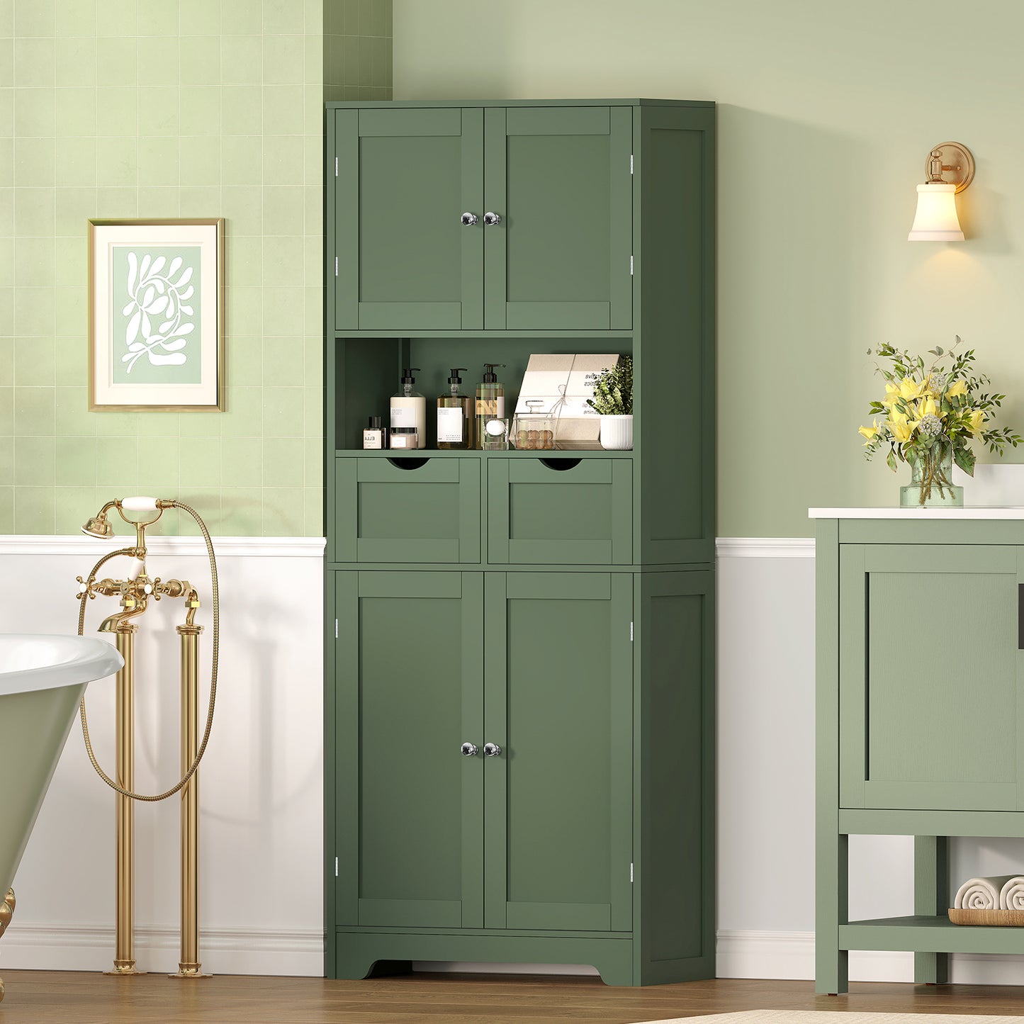 TEENFON 57.8" H Tall Storage Cabinet with 2 Drawers & 2 Adjustable Shelves, Bathroom Storage Cabinet with 4 Doors, Floor Cupboard, for Living Room, Dining Room, Entryway, Woodgrain Gray
