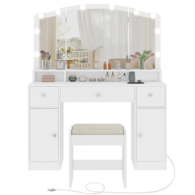 Vanity Desk with Triple Folding Mirror, Makeup Vanity with Power Outlet, Vanity Desk with 10 Lights, 3 Drawers & 2 Cabinets, Makeup Vanity Table with Soft Cushioned Stool for Women, Bedroom, Grey