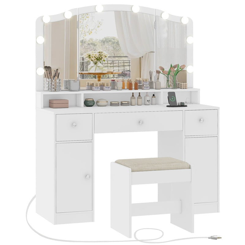 Vanity Desk with Triple Folding Mirror, Makeup Vanity with Power Outlet, Vanity Desk with 10 Lights, 3 Drawers & 2 Cabinets, Makeup Vanity Table with Soft Cushioned Stool for Women, Bedroom, Grey