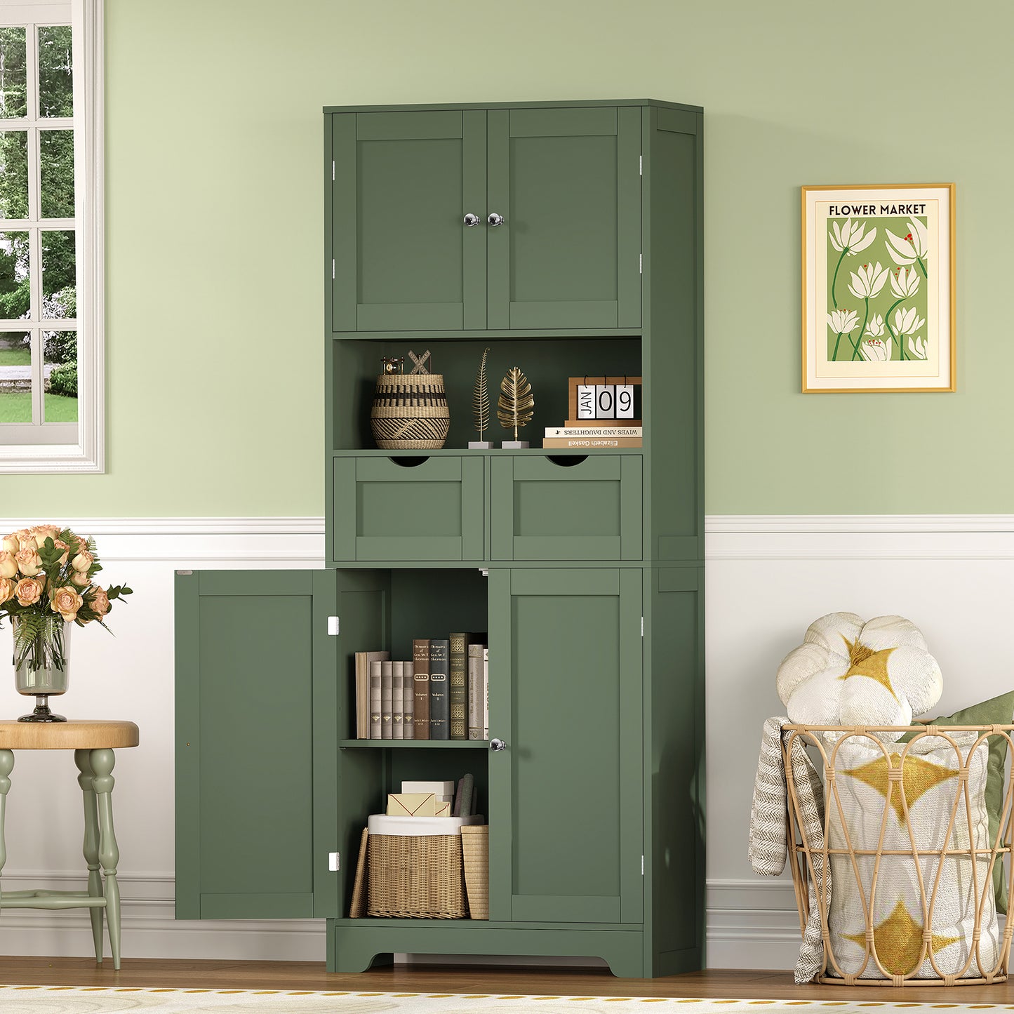 TEENFON 57.8" H Tall Storage Cabinet with 2 Drawers & 2 Adjustable Shelves, Bathroom Storage Cabinet with 4 Doors, Floor Cupboard, for Living Room, Dining Room, Entryway, Woodgrain Gray