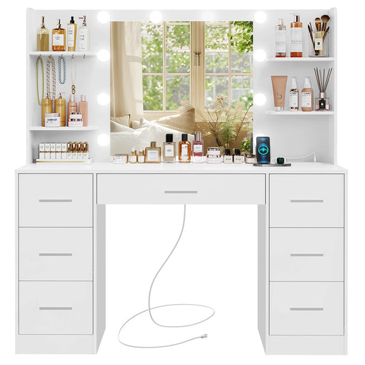 Large Makeup Vanity, 42.1" Vanity Desk with Mirror and Lights, Makeup Vanity Table with 7 Drawers, 4 Shelves, 5 Jewel Hooks & Power Strip, Vanity Desk Set for Bedroom, White