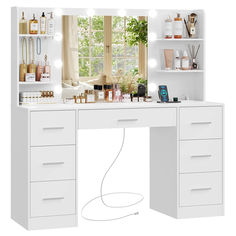 Large Makeup Vanity, 43.3" Vanity Desk with Mirror and Lights, Makeup Vanity Table with 7 Drawers, 4 Shelves, 5 Jewel Hooks & Power Strip, Vanity Desk Set for Bedroom, White