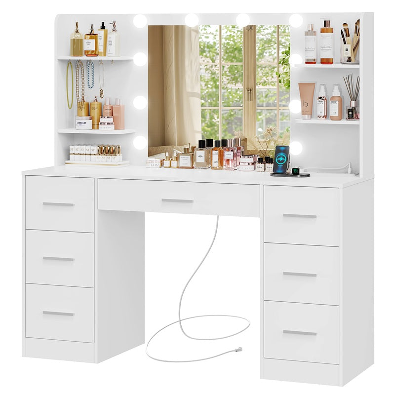 Large Makeup Vanity, 43.3" Vanity Desk with Mirror and Lights, Makeup Vanity Table with 7 Drawers, 4 Shelves, 5 Jewel Hooks & Power Strip, Vanity Desk Set for Bedroom, White