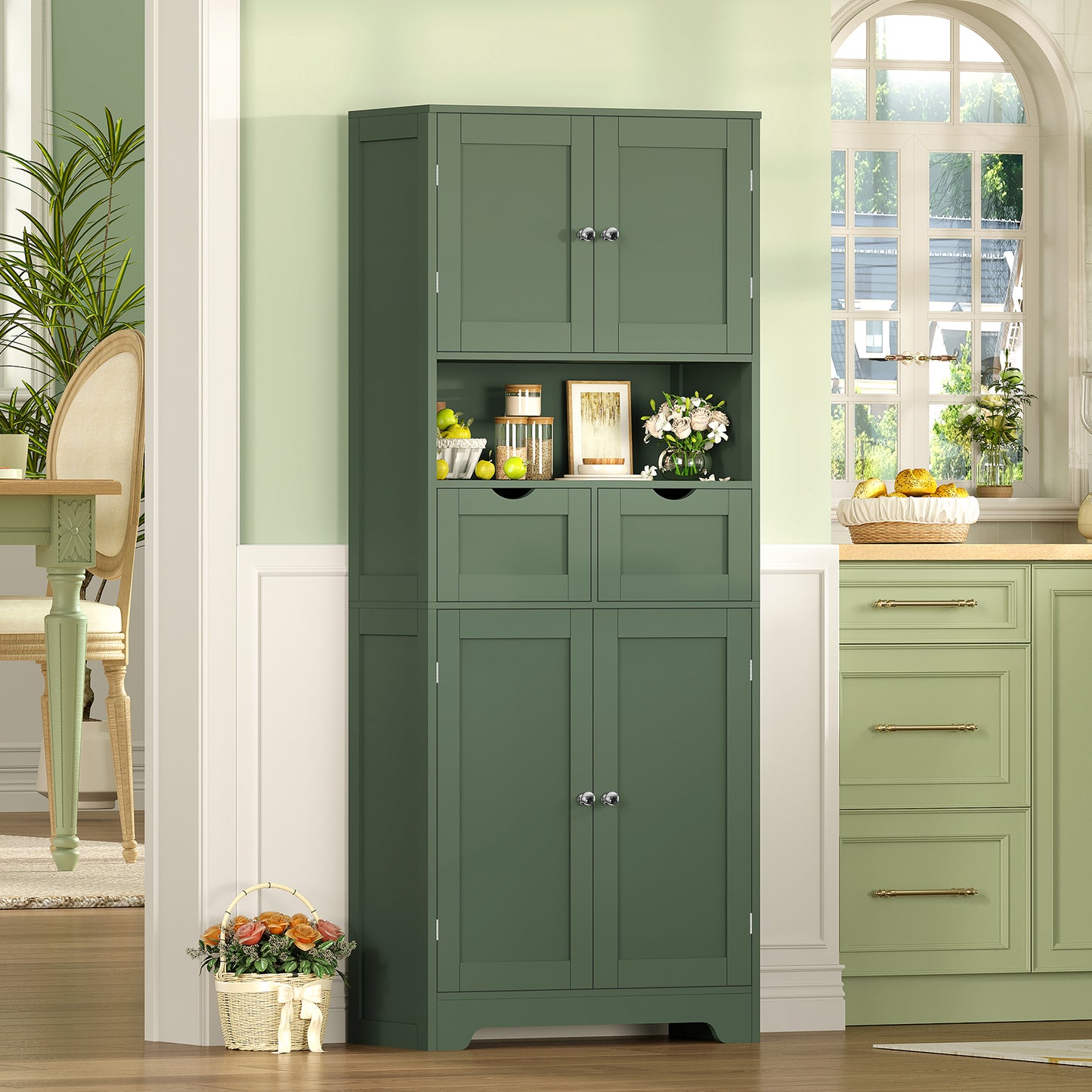 TEENFON 57.8" H Tall Storage Cabinet with 2 Drawers & 2 Adjustable Shelves, Bathroom Storage Cabinet with 4 Doors, Floor Cupboard, for Living Room, Dining Room, Entryway, Woodgrain Gray