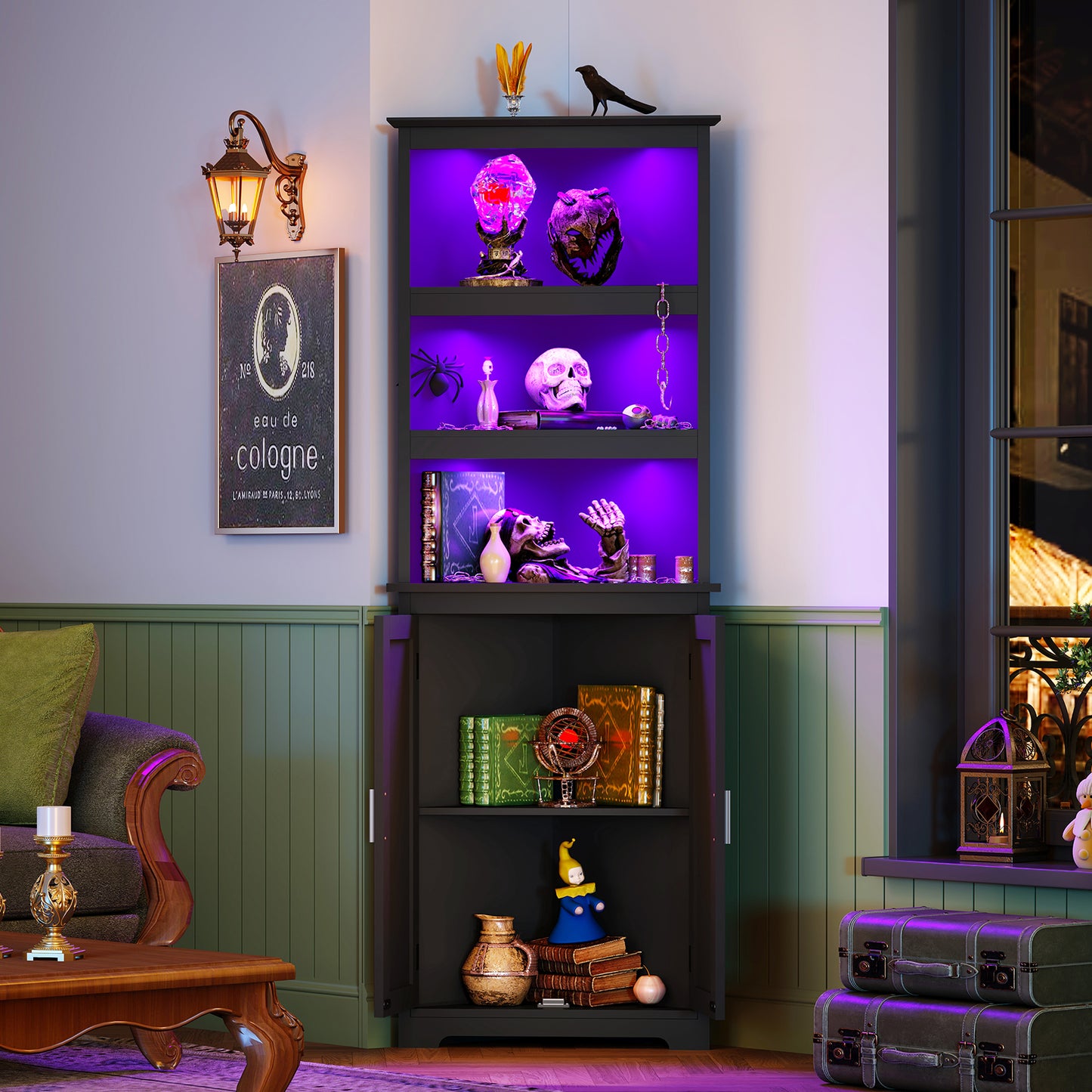 63.7 "H Tall Corner Cabinet with LED Lights, Gothic Style Corner Shelves with Doors, 5-Tier Bathroom Cabinet, Living Room, Dining Room, Black