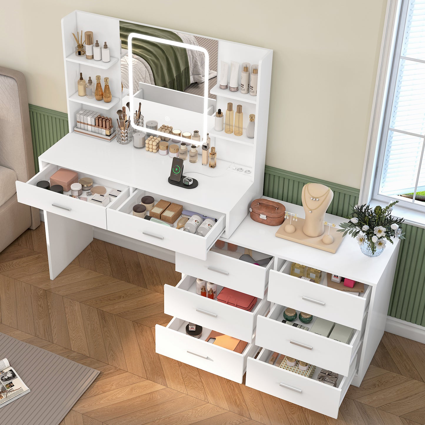 TEENFON Dressing Table with LED Light Mirror & Socket, 8 Drawers, 6 Shelves, 3 Colours with Adjustable Brightness, Vanity Corner Vanity, Change L-Shape, White