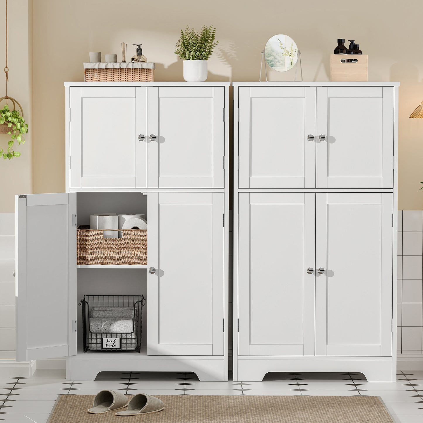 TEENFON Bathroom Floor Storage Cabinet, Freestanding Bathroom Storage Unit with 2 Adjustable Shelves & 4 Doors, 11.8 x 23.6 x 42.7 Inches, White