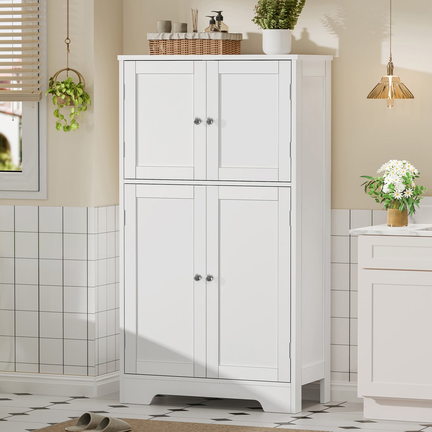 TEENFON Bathroom Floor Storage Cabinet, Freestanding Bathroom Storage Unit with 2 Adjustable Shelves & 4 Doors, 11.8 x 23.6 x 42.7 Inches, White
