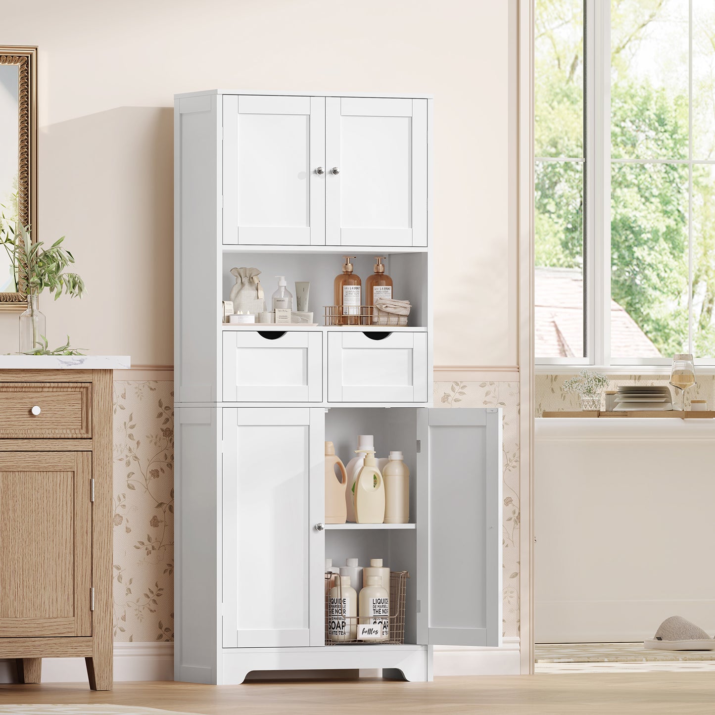 TEENFON 57.8" H Tall Storage Cabinet with 2 Drawers & 2 Adjustable Shelves, Bathroom Storage Cabinet with 4 Doors, Floor Cupboard, for Living Room, Dining Room, Entryway, Woodgrain Gray