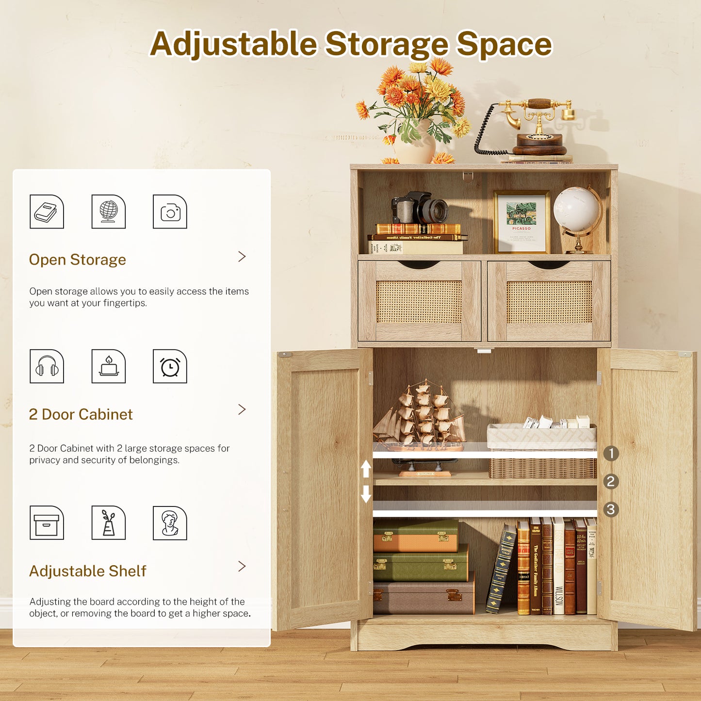 TEENFON Storage Cabinet with 2 Drawers & Adjustable Shelves, Rattan Cabinet, Kitchen Pantry Cabinets, Cupboard for Living Room, Kitchen, Home Office, Natural