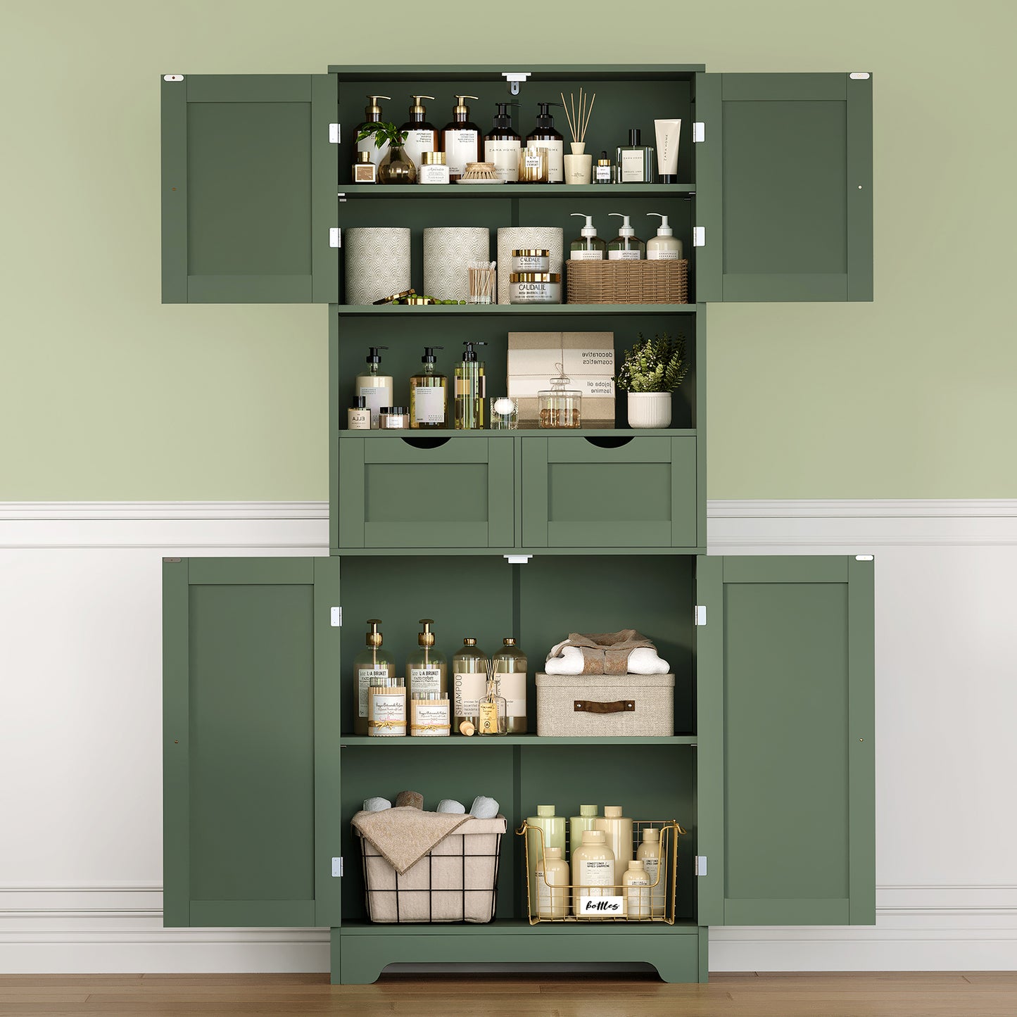 TEENFON 57.8" H Tall Storage Cabinet with 2 Drawers & 2 Adjustable Shelves, Bathroom Storage Cabinet with 4 Doors, Floor Cupboard, for Living Room, Dining Room, Entryway, Woodgrain Gray
