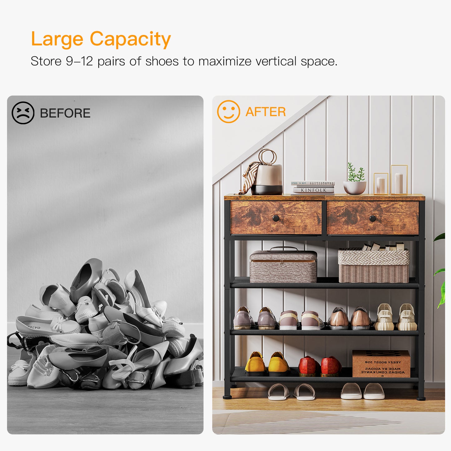 TEENFON Shoe Rack, 4 Tier Shoe Storage Organizer with 2 Drawers, Metal Shoe Shelf for 9-12 Pairs of Shoes, with 3 Oxford Fabric Shelves and Wooden Top, Shoe Stand for Entryway, Rustic Brown