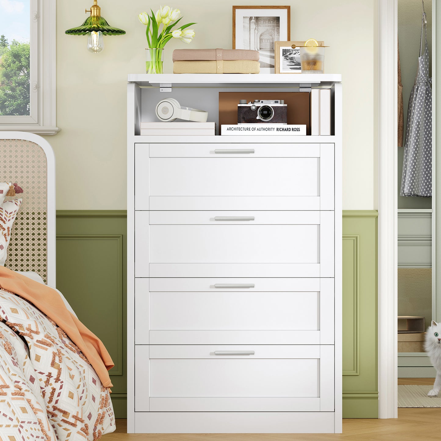 TEENFON Hohe Kommode mit Schminktisch-Spiegel, 4-Schubladen Kommode für Schlafzimmer/Wohnzimmer/Gang, Aufbewahrungsschrank mit Make-up-Spiegel, Multifunktionskommode & Organisator, Weiß