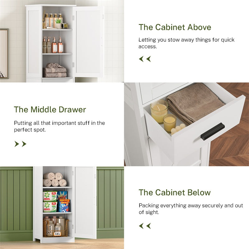 Tall Bathroom Cabinet, Storage Cabinet with 6 Shelves & Drawer, Bathroom Storage Cabinet with Adjustable Shelves, Tall Cabinet for Living Room, Kitchen, White