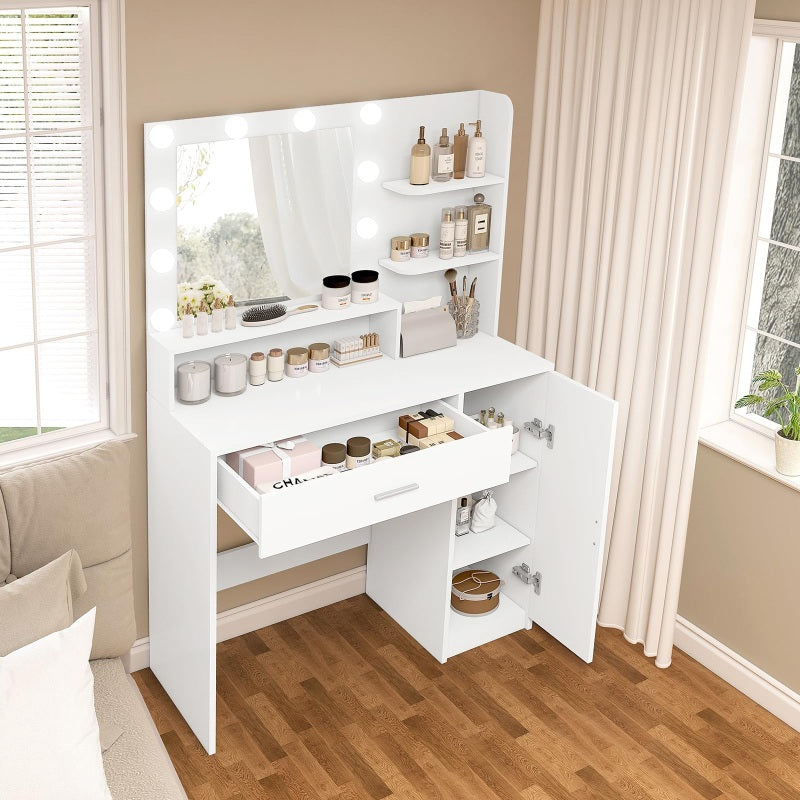 Vanity Desk with 10 Lights & Mirror, 3 Storage Shelf, Big Drawer, Cabinet with Shelves, 3 Lighting Modes & Adjustable Brightness Dressing Table, Small Makeup Vanity, 35.4” Desk, White
