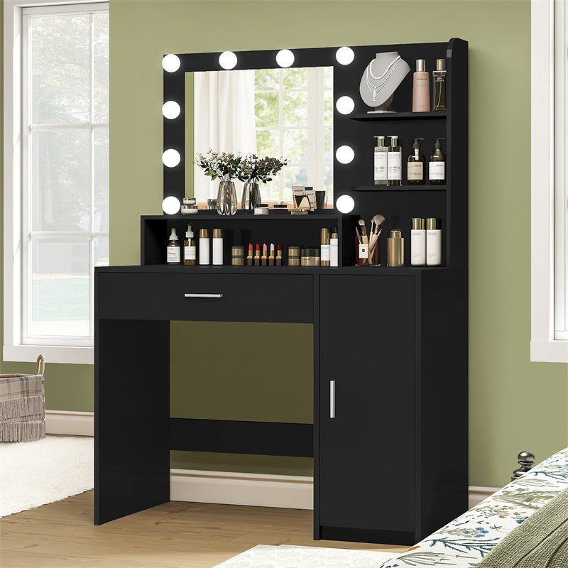 Vanity Desk with 10 Lights & Mirror, 3 Storage Shelf, Big Drawer, Cabinet with Shelves, 3 Lighting Modes & Adjustable Brightness Dressing Table, Small Makeup Vanity, 35.4” Desk, Black