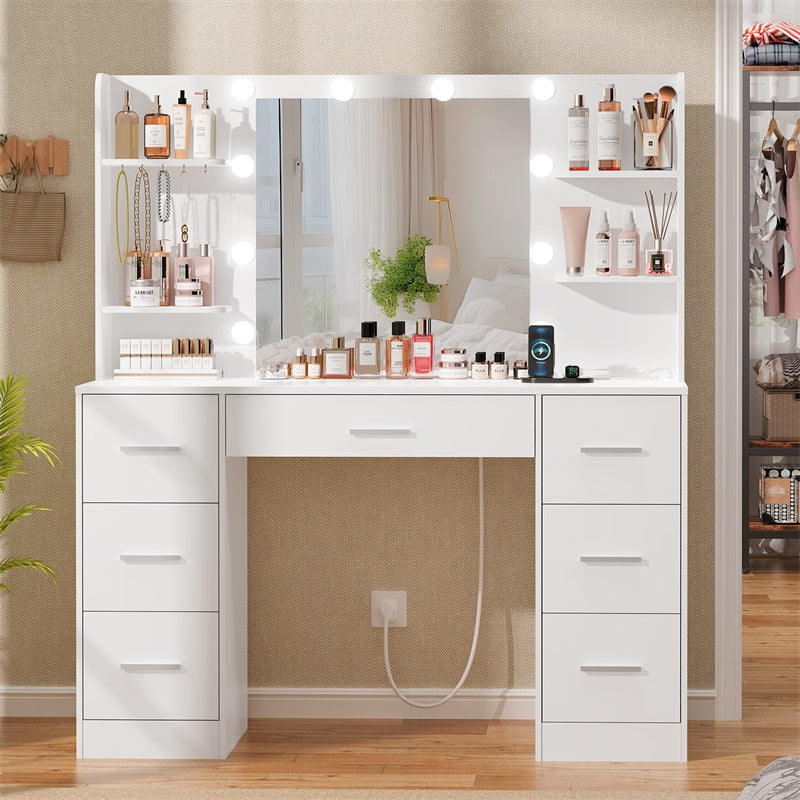 Large Makeup Vanity, 43.3" Vanity Desk with Mirror and Lights, Makeup Vanity Table with 7 Drawers, 4 Shelves, 5 Jewel Hooks & Power Strip, Vanity Desk Set for Bedroom, White