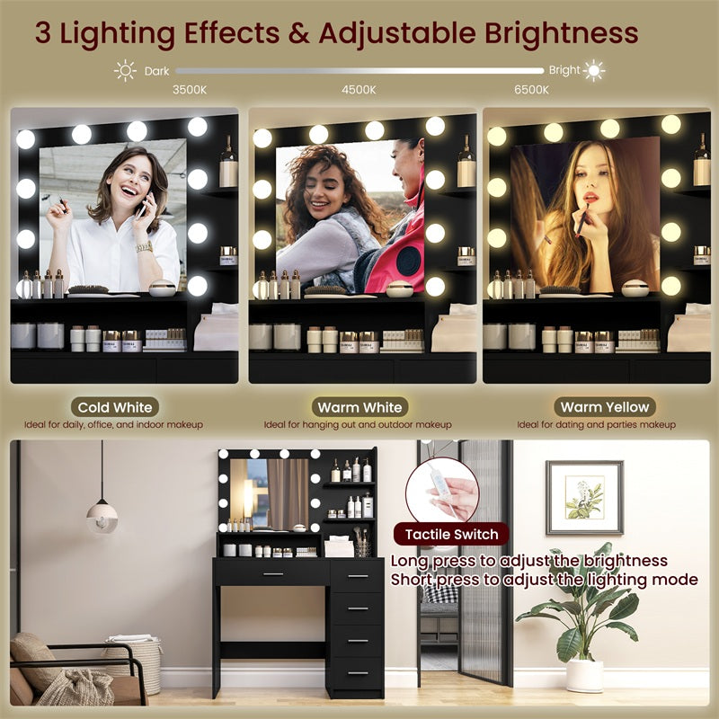 Makeup Vanity Desk with Mirror, 10 Lights, 5 Drawers, 3 Storage Shelves, 3 Color Modes & Adjustable Brightness Dressing Table, 35.4” Desk, Black