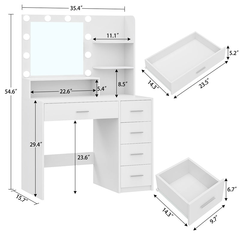 Makeup Vanity Desk with Mirror, 10 Lights, 5 Drawers, 3 Storage Shelves, 3 Color Modes & Adjustable Brightness Dressing Table, 35.4” Desk, White