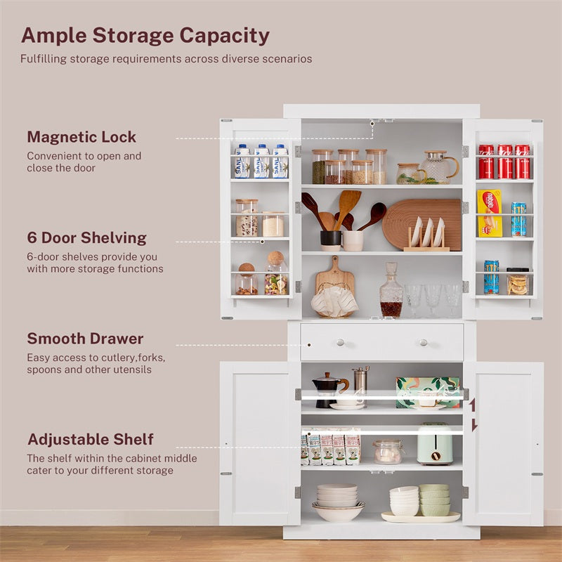 72” Tall Pantry Cabinet, Tall Storage Cabinet with 6 Doors Shelves and 1 Drawer, Kitchen Pantry Cabinet, Cupboard with 4 Door for Kitchen, Dinging Room, Living Room, Whit