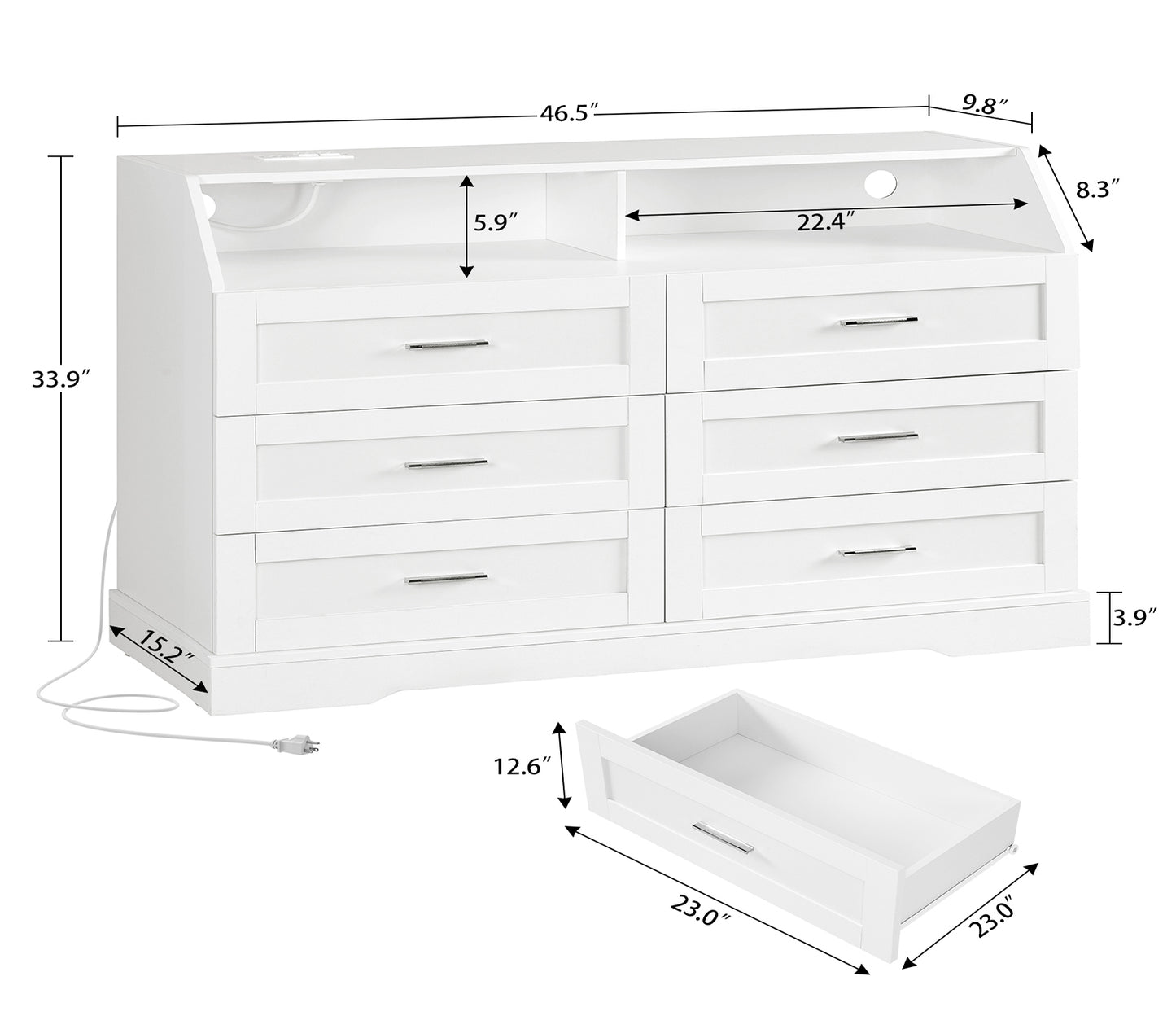 46.5'' Wide White Dresser for Bedroom, 6 Drawer Dresser with Charging Station & LED Lights, Closet Organizer for Bedroom, White