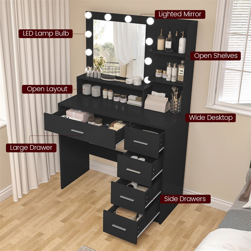 Makeup Vanity Desk with Mirror, 10 Lights, 5 Drawers, 3 Storage Shelves, 3 Color Modes & Adjustable Brightness Dressing Table, 35.4” Desk, Black