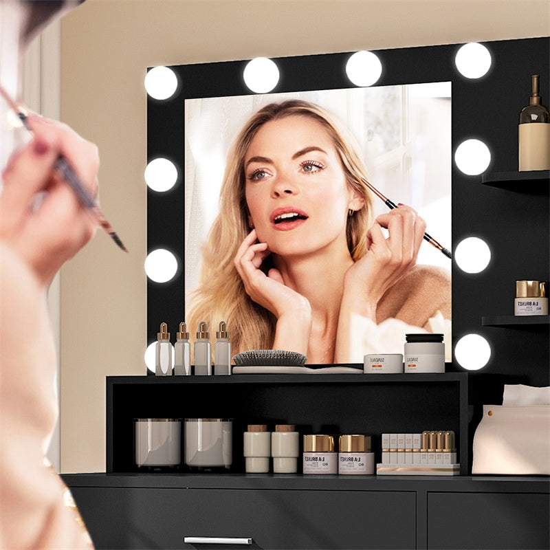 Makeup Vanity Desk with Mirror, 10 Lights, 5 Drawers, 3 Storage Shelves, 3 Color Modes & Adjustable Brightness Dressing Table, 35.4” Desk, Black