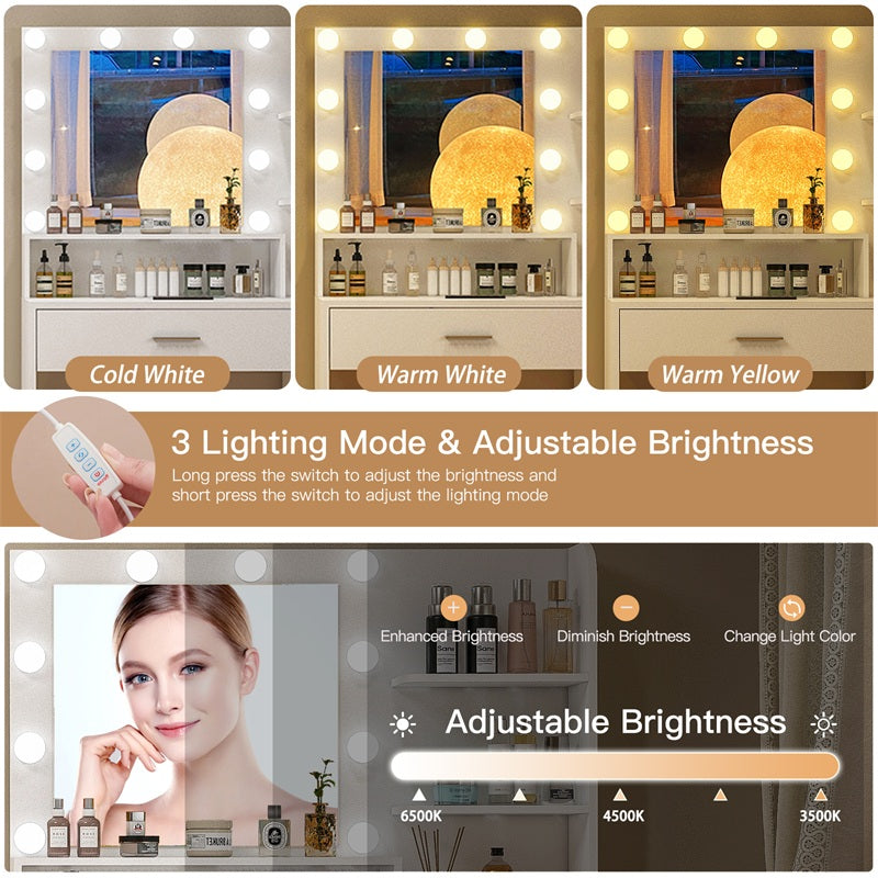 Makeup Vanity Desk with Mirror, 10 Lights, 5 Drawers, 3 Storage Shelves, 3 Color Modes & Adjustable Brightness Dressing Table, 35.4” Desk, White