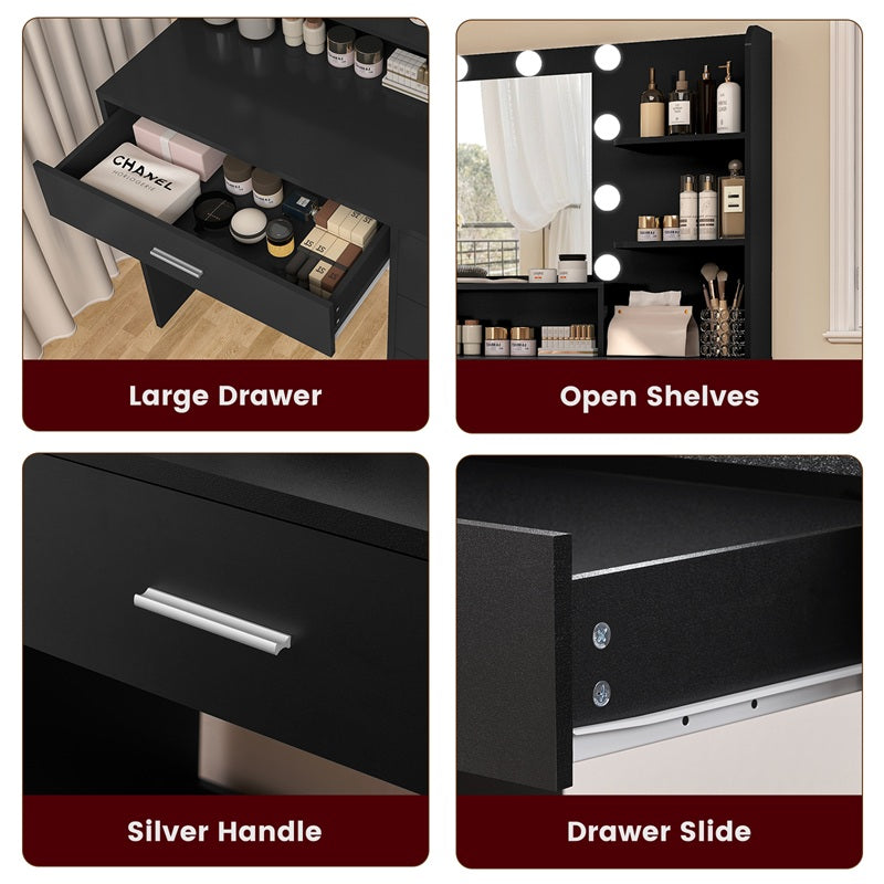 Makeup Vanity Desk with Mirror, 10 Lights, 5 Drawers, 3 Storage Shelves, 3 Color Modes & Adjustable Brightness Dressing Table, 35.4” Desk, Black