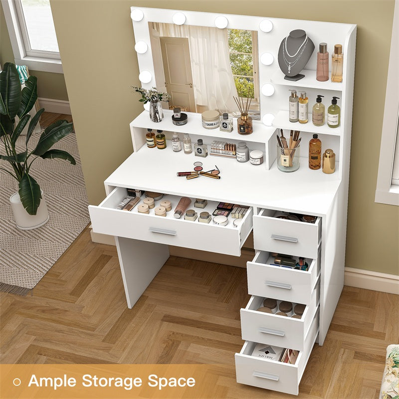 Makeup Vanity Desk with Mirror, 10 Lights, 5 Drawers, 3 Storage Shelves, 3 Color Modes & Adjustable Brightness Dressing Table, 35.4” Desk, White