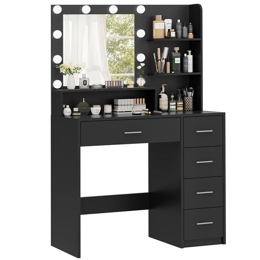 Makeup Vanity Desk with Mirror, 10 Lights, 5 Drawers, 3 Storage Shelves, 3 Color Modes & Adjustable Brightness Dressing Table, 35.4” Desk, Black