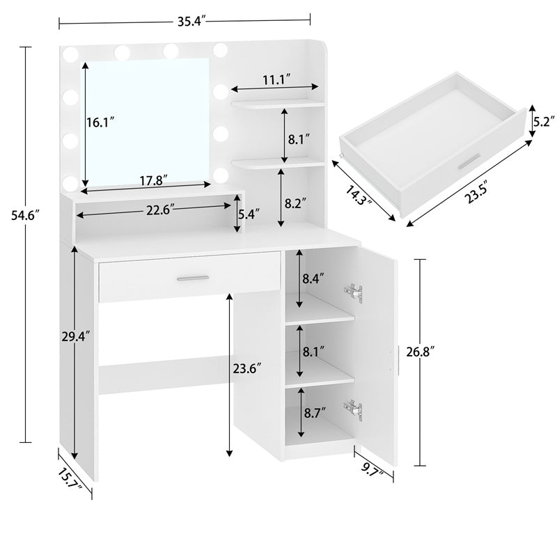 Vanity Desk with 10 Lights & Mirror, 3 Storage Shelf, Big Drawer, Cabinet with Shelves, 3 Lighting Modes & Adjustable Brightness Dressing Table, Small Makeup Vanity, 35.4” Desk, White
