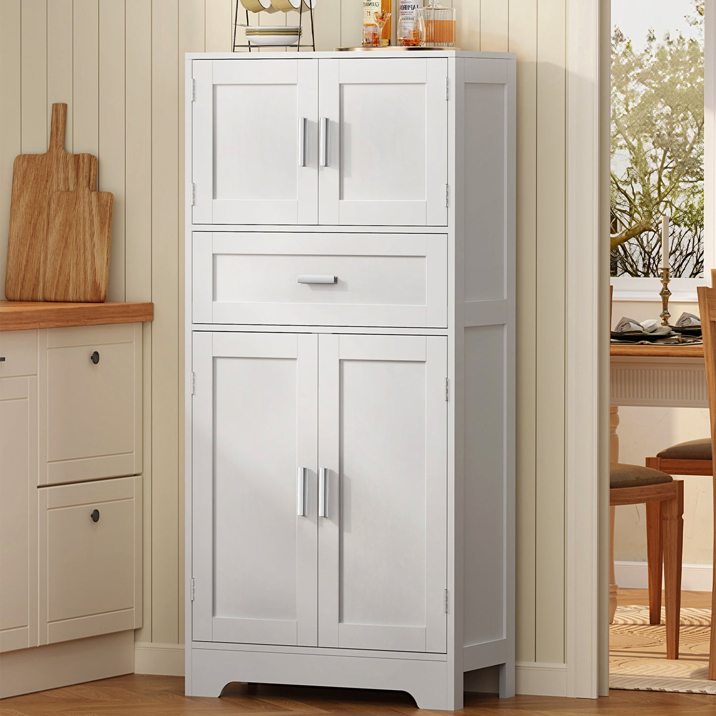 TEENFON Bathroom Storage Cabinet with Adjustable Shelf & Large Drawer, Tall Storage Cabinet with 4 Doors, Kitchen Pantry Storage Cabinets, for Living Room, Dining Room, Home Office, Entryway