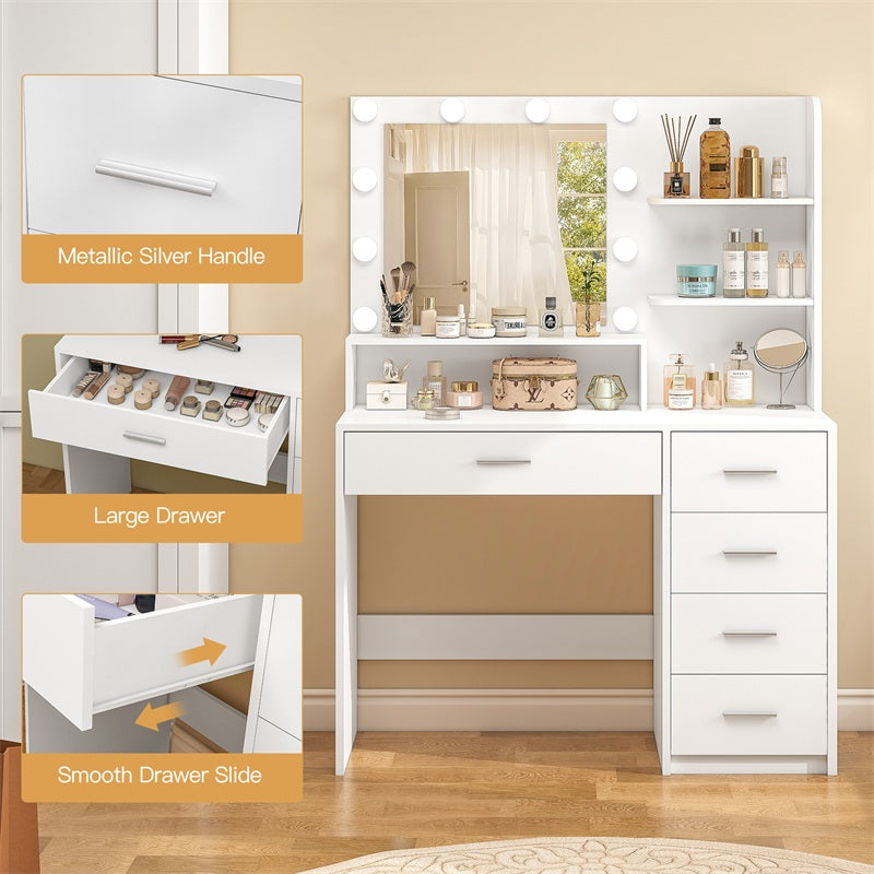 Makeup Vanity Desk with Mirror, 10 Lights, 5 Drawers, 3 Storage Shelves, 3 Color Modes & Adjustable Brightness Dressing Table, 35.4” Desk, White