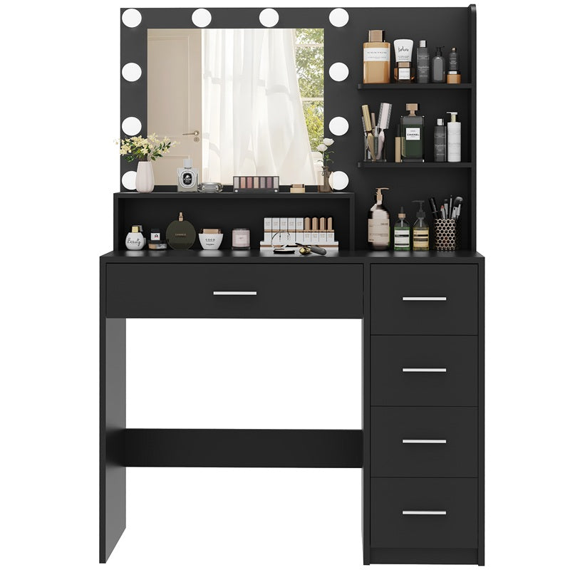 Makeup Vanity Desk with Mirror, 10 Lights, 5 Drawers, 3 Storage Shelves, 3 Color Modes & Adjustable Brightness Dressing Table, 35.4” Desk, Black