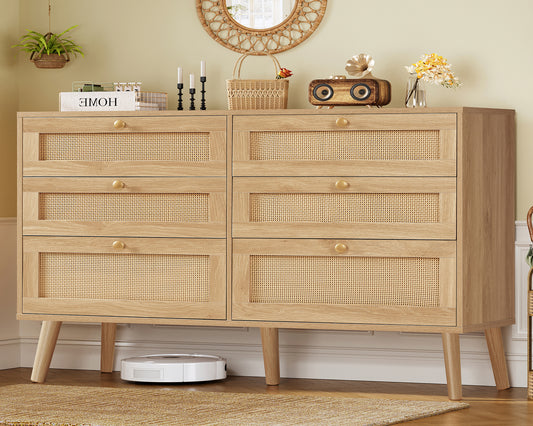TEENFON 47.2''Wide 6 Drawer Rattan Dresser, Boho Dresser for Bedroom, Chest of Drawers, Closet Organizer, Natural Wood Dresser Chest for Bedroom, Living Room, Entryway, Natural