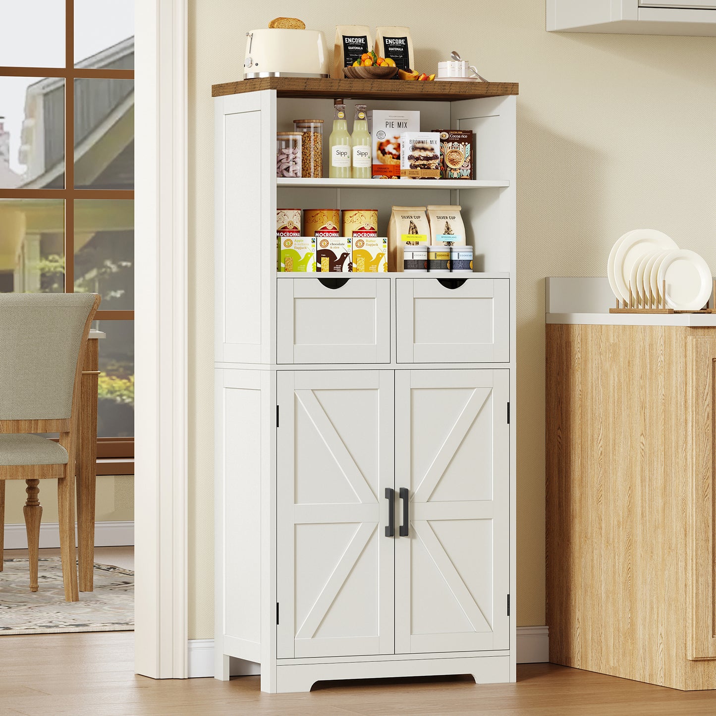 TEENFON 49.6''H Tall Storage Cabinet with Adjustable Shelf & 2 Drawers, Cupboard, Bathroom Floor Farmhouse Cabinet for Living Room, Entryway, Home Office, White