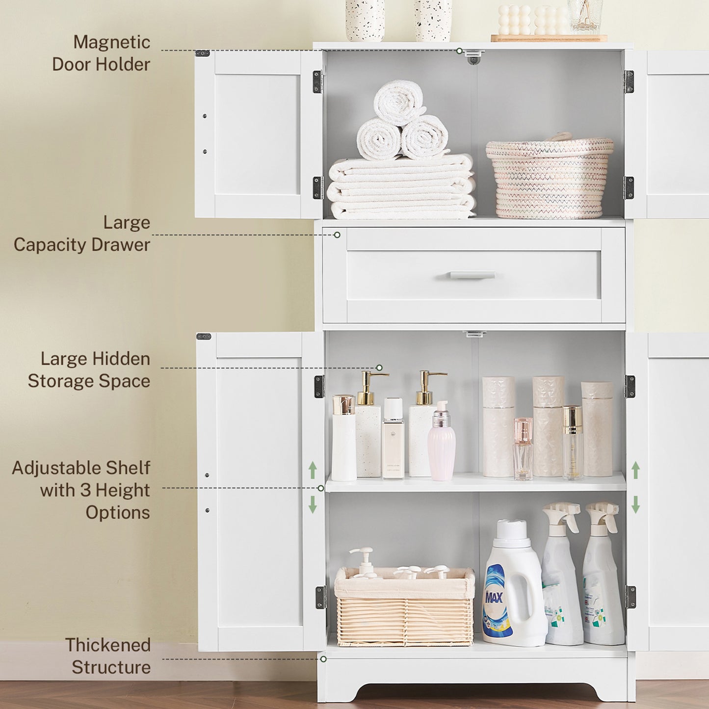 TEENFON Bathroom Storage Cabinet with Adjustable Shelf & Large Drawer, Tall Storage Cabinet with 4 Doors, Kitchen Pantry Storage Cabinets, for Living Room, Dining Room, Home Office, Entryway