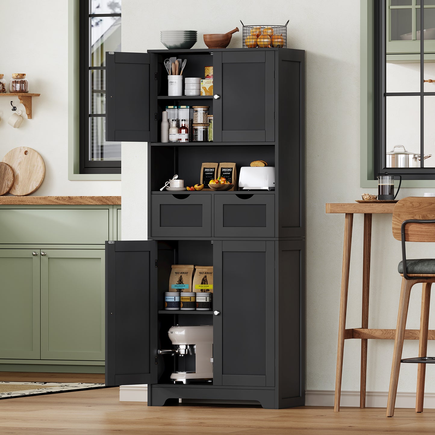 TEENFON 57.8" H Tall Storage Cabinet with 2 Drawers & 2 Adjustable Shelves, Bathroom Storage Cabinet with 4 Doors, Floor Cupboard, for Living Room, Dining Room, Entryway, Woodgrain Gray