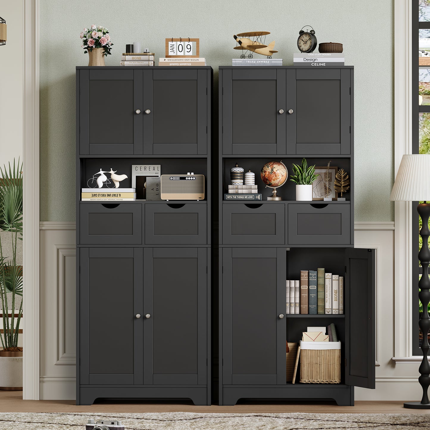 TEENFON 57.8" H Tall Storage Cabinet with 2 Drawers & 2 Adjustable Shelves, Bathroom Storage Cabinet with 4 Doors, Floor Cupboard, for Living Room, Dining Room, Entryway, Woodgrain Gray